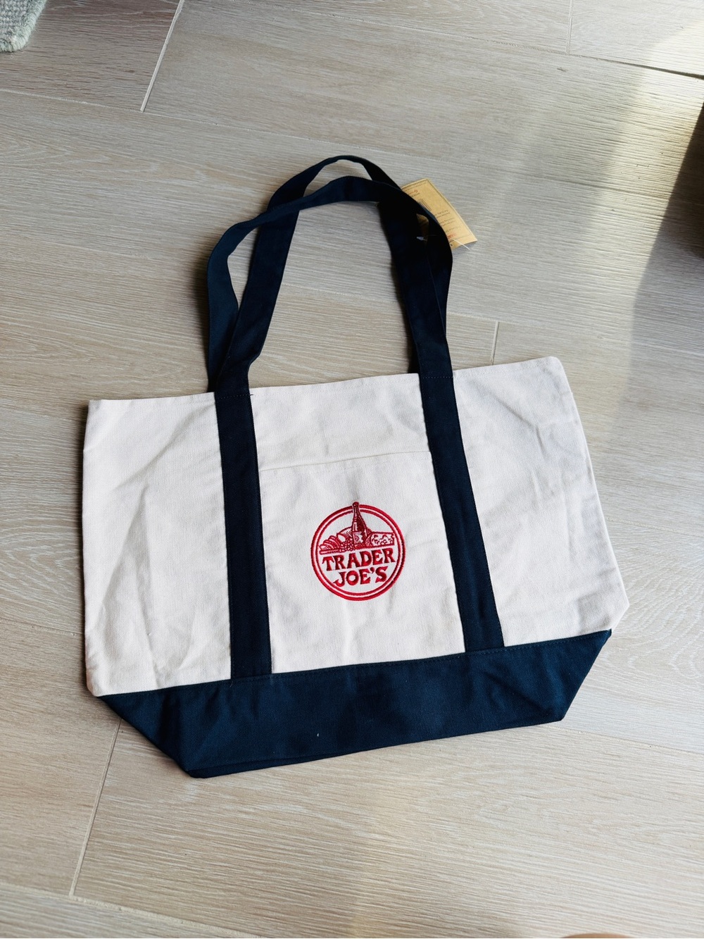 Trader Joe's Canvas Tote Bag in Cream with Navy Accents
